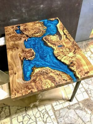 Square Resin Side Table - Teak Wood