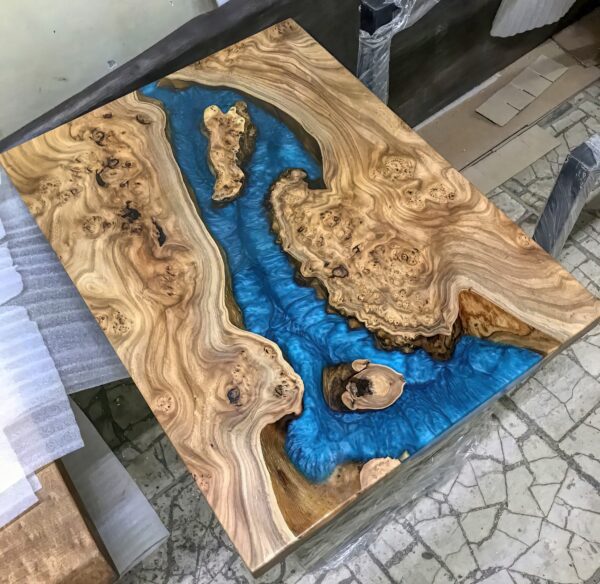 Blue Resin River Side Table - Teak Wood