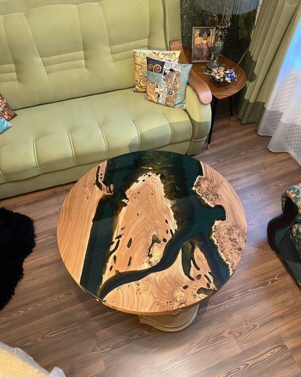 Antique Circular Coffee Table - Epoxy Resin & Wood